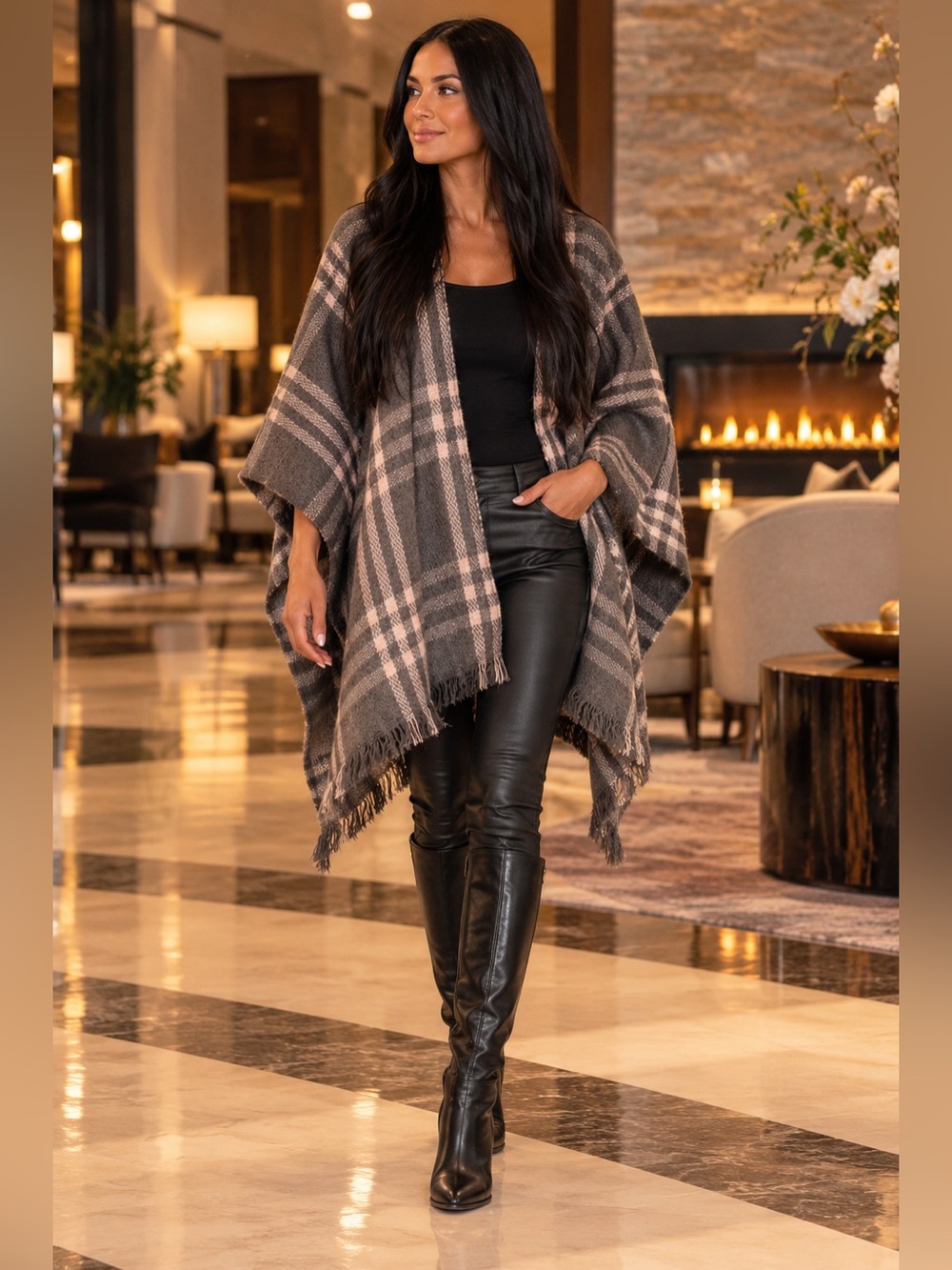 🍂 Nine West Plaid Fringe Poncho Cape – Charcoal & Blush – Chic Fall Layer
